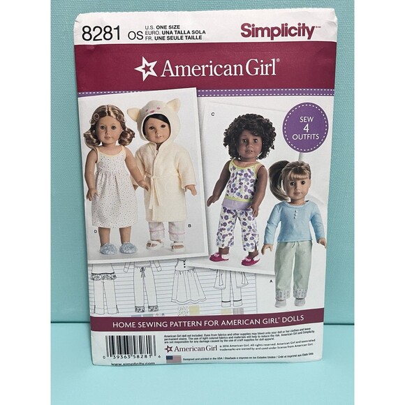 Simplicity Other - Simplicity Pattern 8281 American Girl Doll PJ's Robe Nightie 18" Uncut NEW
